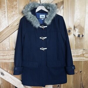 Old Navy Woman's‎ Medium Navy Blue Duffle Toggle Coat Faux Fur Hood Zip Front